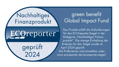 ECOreporter Logo, blau, Siegel für den green benefit Global Impact Fund 2024
